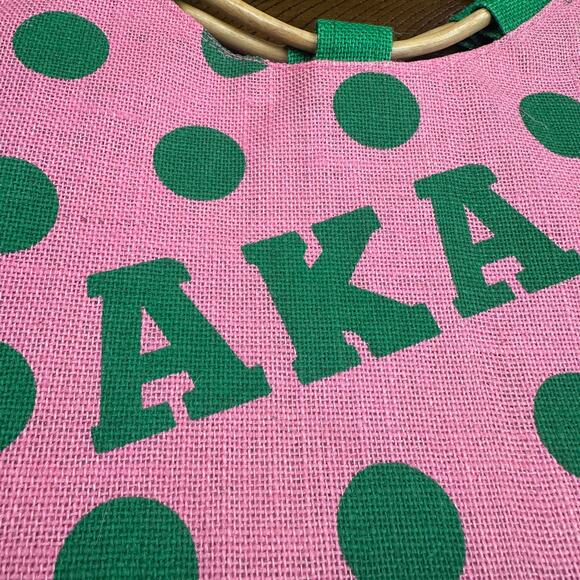Greek Sorority Alpha Kappa Alpha Pola Dot Straw Tote AKA Picnic Bag Wood Handles - Picture 3 of 11